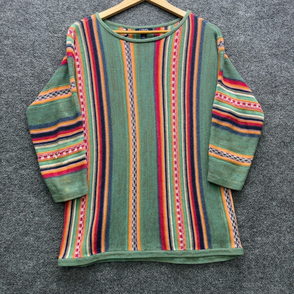 Chaps Denim Striped Knit Sweater Womens Large Green 3/4 Sleeve Casual Boho